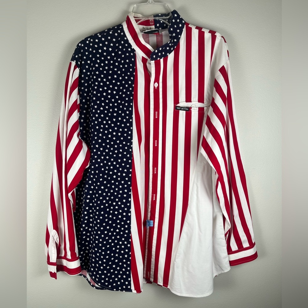 MO BETTA Shirt Button Up Banded Collar American Flag 18-35/XL Western Rodeo VTG